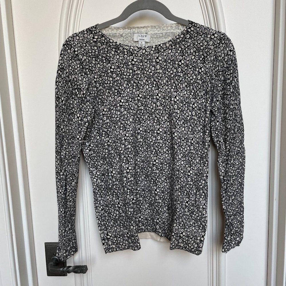 J Crew Teddie sweater;  long sleeve;  navy with small white flowers;  Crew neck;